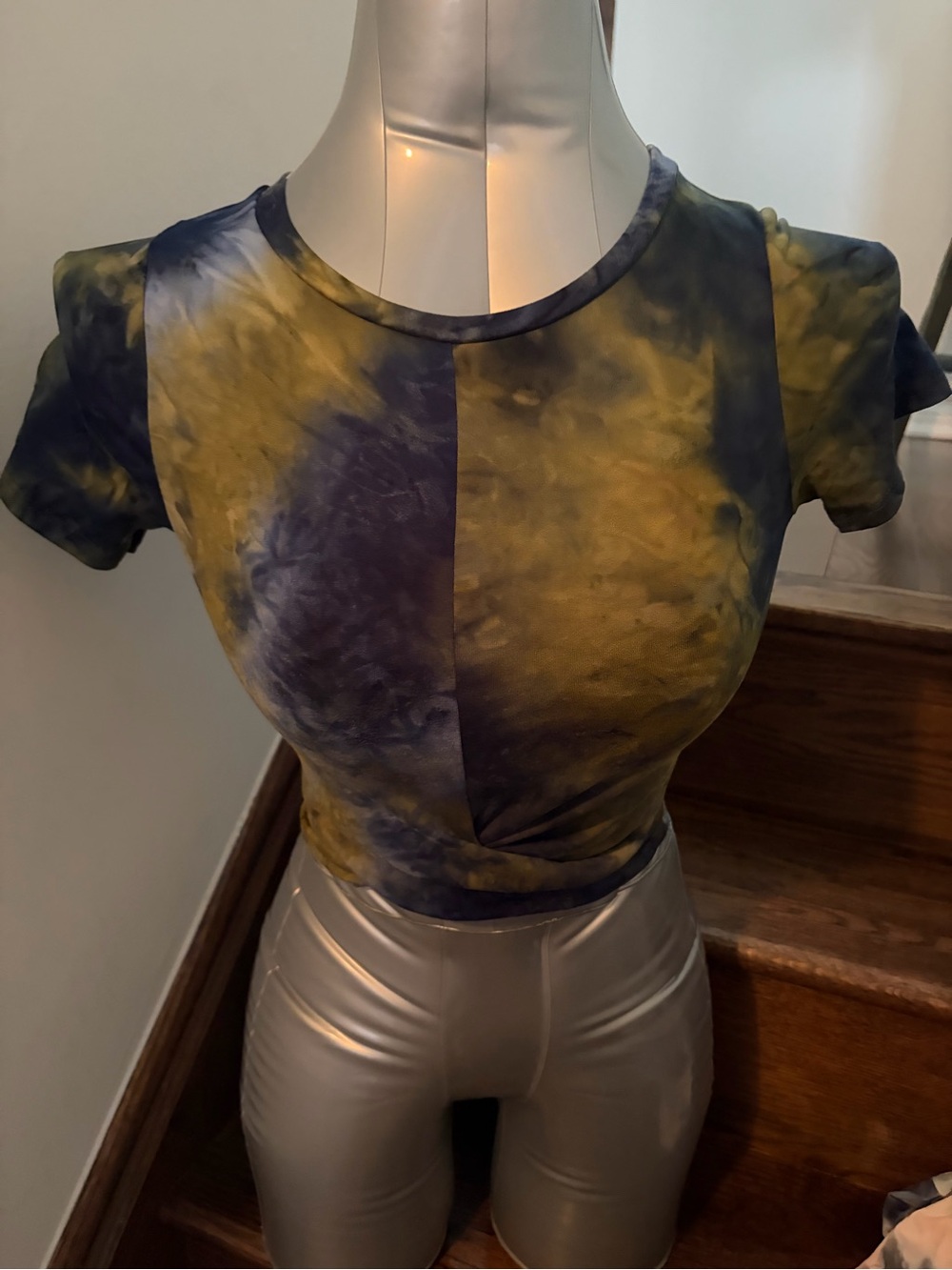 Cozy Casual Navy and Mustard Tie-Dye Short Sleeve Crop Top